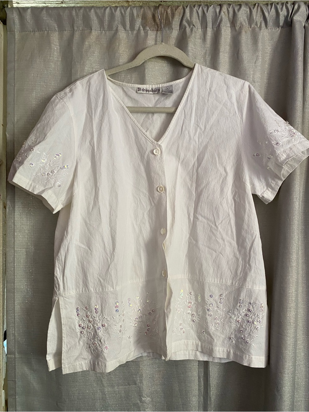 dressbarn White Short-Sleeve Embroidered Button-Down Blouse